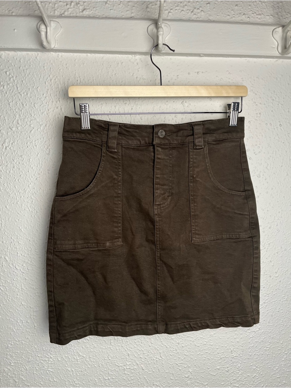 Dynamite Olive/Brown Straight Mini Skirt with Front Pockets